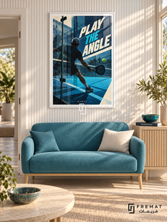 Play The Angle: A padel player and perforated racket appear among blue court geometry, glass reflections and a bright yellow ball. White frame with a white printed border, displayed in a styled room.