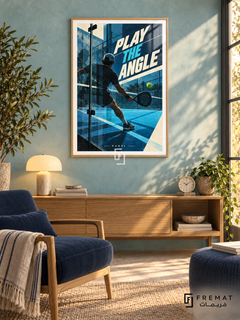 Play The Angle: A padel player and perforated racket appear among blue court geometry, glass reflections and a bright yellow ball. Wooden Texture frame with a white printed border, displayed in a styled room.