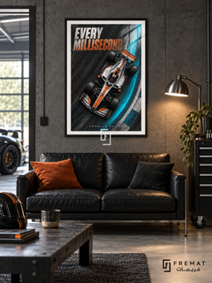 Every Millisecond: An orange-and-silver open-wheel racing car cuts across charcoal track texture and a bright turquoise curve beneath bold speed-inspired lettering. Black frame with a white printed border, displayed in a styled room.