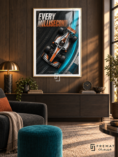 Every Millisecond: An orange-and-silver open-wheel racing car cuts across charcoal track texture and a bright turquoise curve beneath bold speed-inspired lettering. Gold frame with a white printed border, displayed in a styled room.