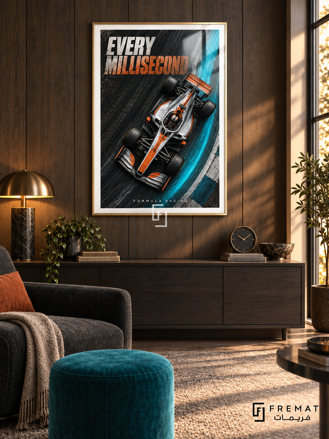 Every Millisecond: An orange-and-silver open-wheel racing car cuts across charcoal track texture and a bright turquoise curve beneath bold speed-inspired lettering. Gold frame with a white printed border, displayed in a styled room.