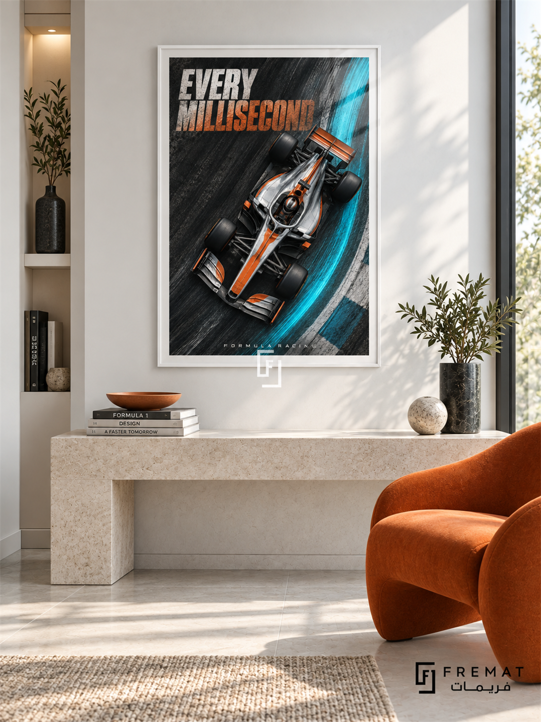 Every Millisecond: An orange-and-silver open-wheel racing car cuts across charcoal track texture and a bright turquoise curve beneath bold speed-inspired lettering. White frame with a white printed border, displayed in a styled room.