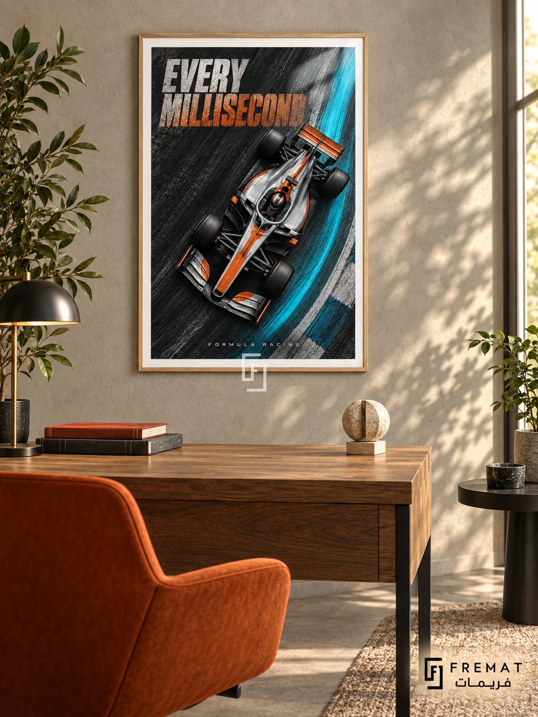 Every Millisecond: An orange-and-silver open-wheel racing car cuts across charcoal track texture and a bright turquoise curve beneath bold speed-inspired lettering. Wooden Texture frame with a white printed border, displayed in a styled room.