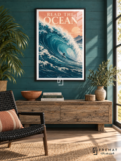 Read The Ocean: A small surfer rides a towering teal wave, combining detailed foam with layered print-like shapes and a peach sky. Black frame with a white printed border, displayed in a styled room.