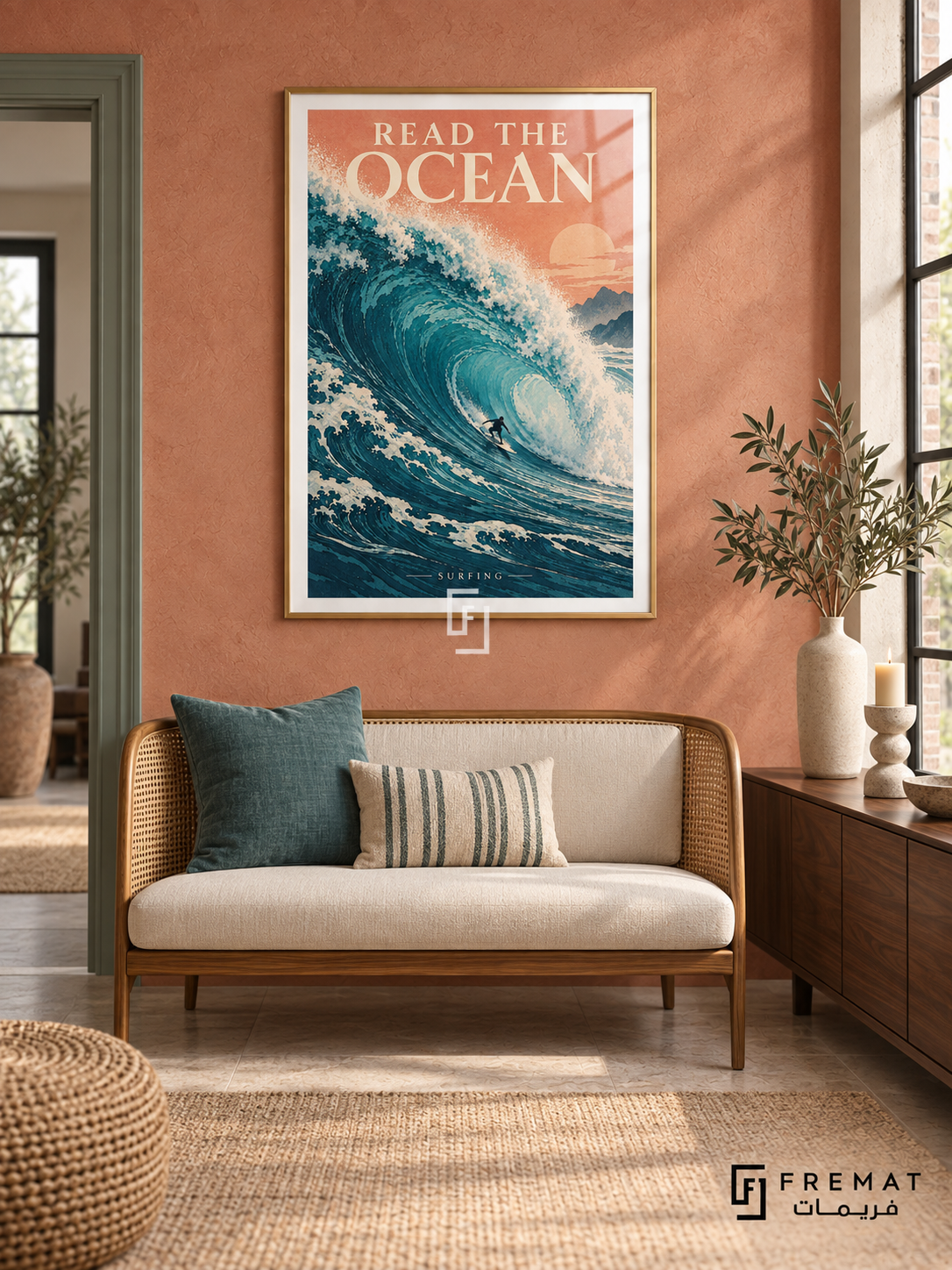 Read The Ocean: A small surfer rides a towering teal wave, combining detailed foam with layered print-like shapes and a peach sky. Gold frame with a white printed border, displayed in a styled room.