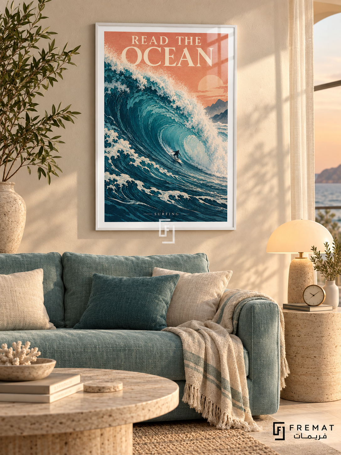 Read The Ocean: A small surfer rides a towering teal wave, combining detailed foam with layered print-like shapes and a peach sky. White frame with a white printed border, displayed in a styled room.