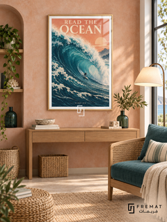 Read The Ocean: A small surfer rides a towering teal wave, combining detailed foam with layered print-like shapes and a peach sky. Wooden Texture frame with a white printed border, displayed in a styled room.