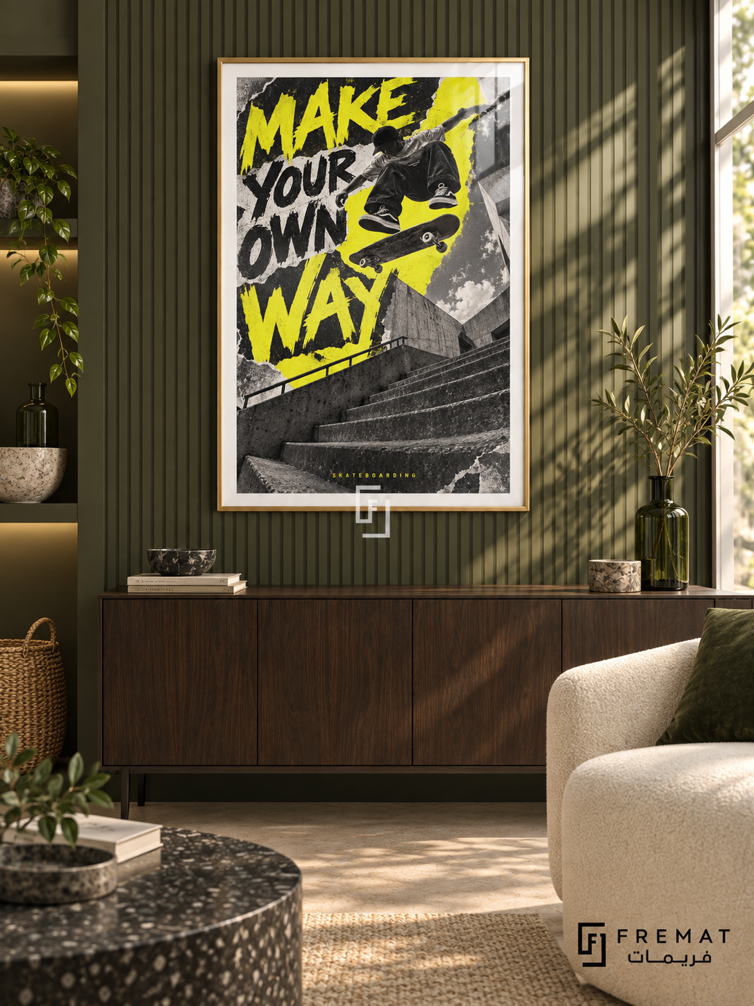 Make Your Own Way: A skateboarder jumps above concrete steps against acid-yellow and graphite graphics with a rough printed texture. Gold frame with a white printed border, displayed in a styled room.