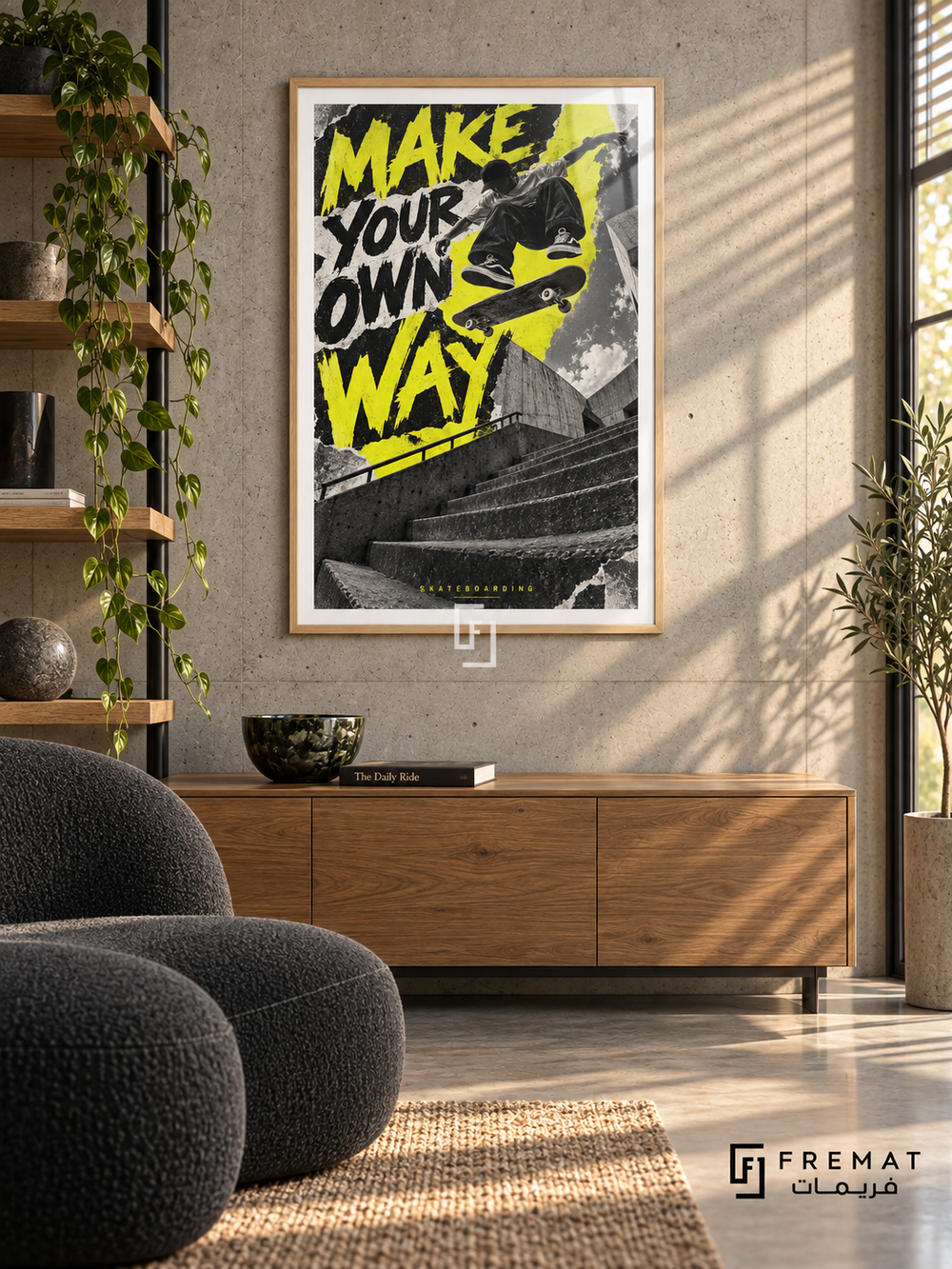 Make Your Own Way: A skateboarder jumps above concrete steps against acid-yellow and graphite graphics with a rough printed texture. Wooden Texture frame with a white printed border, displayed in a styled room.