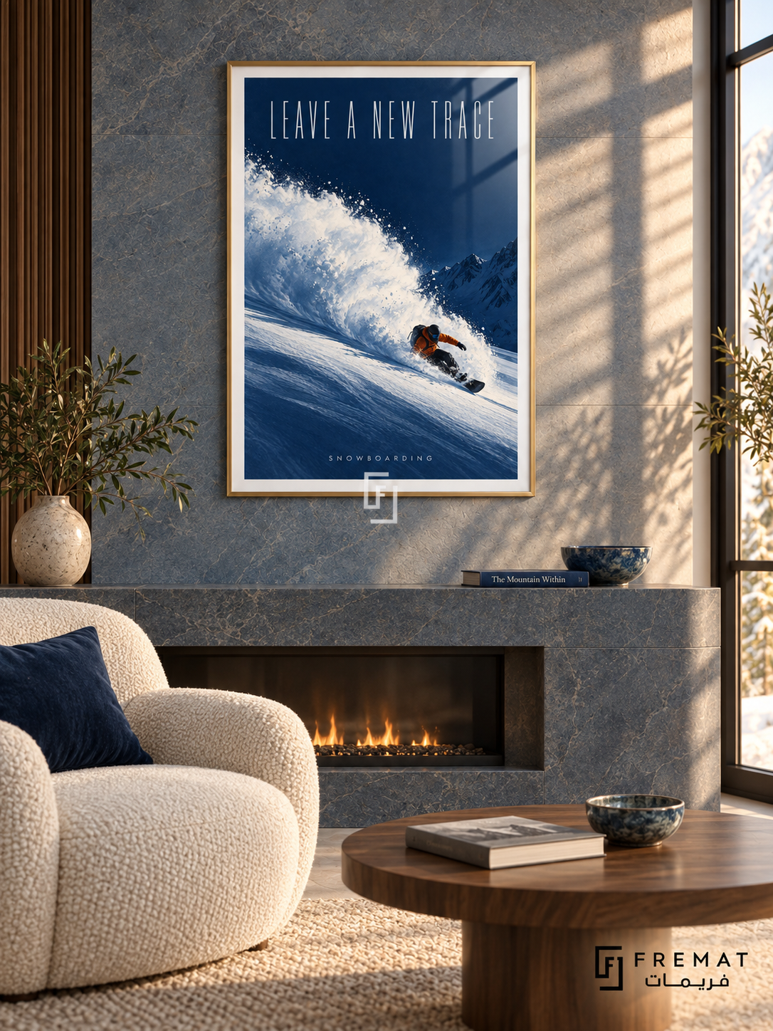 Leave A New Trace: A snowboarder in an orange jacket carves through powder on a deep cobalt slope beneath tall, light lettering. Gold frame with a white printed border, displayed in a styled room.
