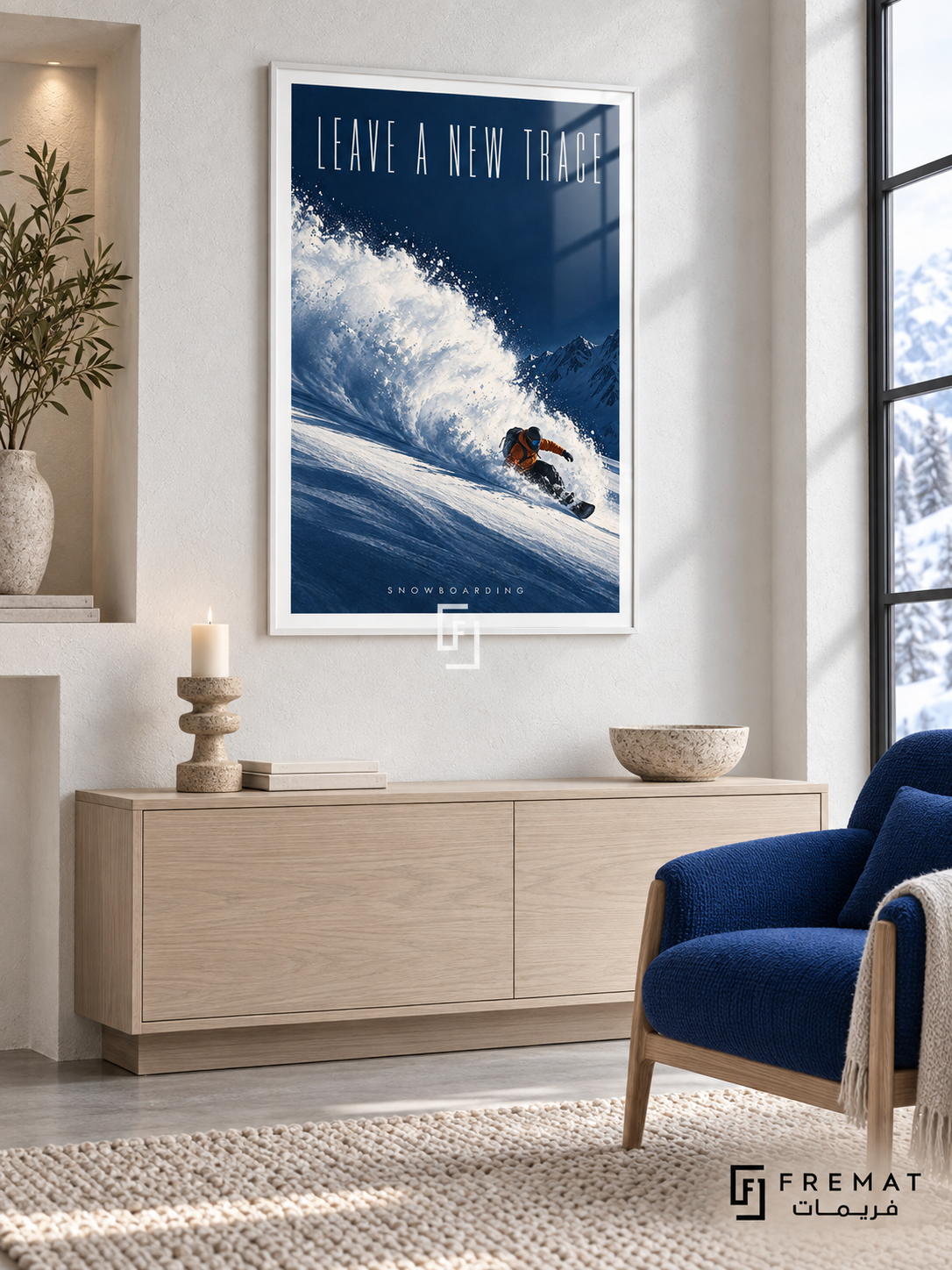 Leave A New Trace: A snowboarder in an orange jacket carves through powder on a deep cobalt slope beneath tall, light lettering. White frame with a white printed border, displayed in a styled room.