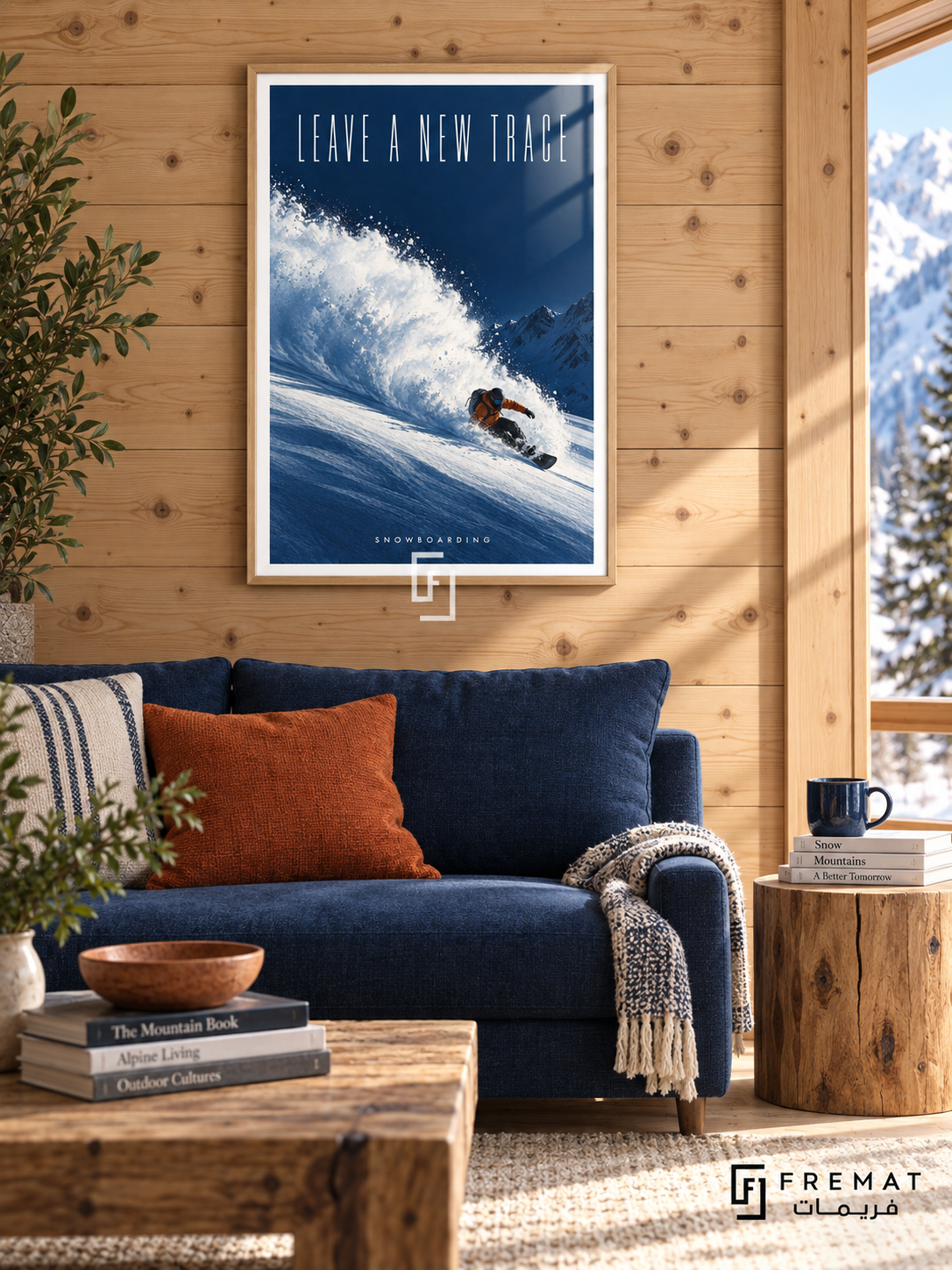 Leave A New Trace: A snowboarder in an orange jacket carves through powder on a deep cobalt slope beneath tall, light lettering. Wooden Texture frame with a white printed border, displayed in a styled room.