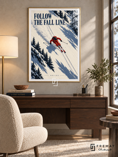 Follow The Fall Line: A skier in red carves across ivory snow with parallel tracks and diagonal navy shadows. Gold frame with a white printed border, displayed in a styled room.