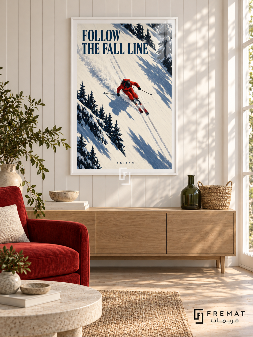 Follow The Fall Line: A skier in red carves across ivory snow with parallel tracks and diagonal navy shadows. White frame with a white printed border, displayed in a styled room.
