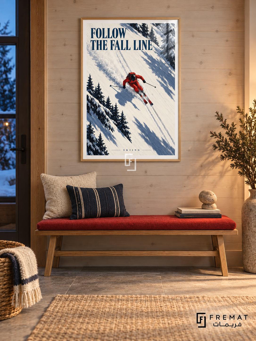 Follow The Fall Line: A skier in red carves across ivory snow with parallel tracks and diagonal navy shadows. Wooden Texture frame with a white printed border, displayed in a styled room.