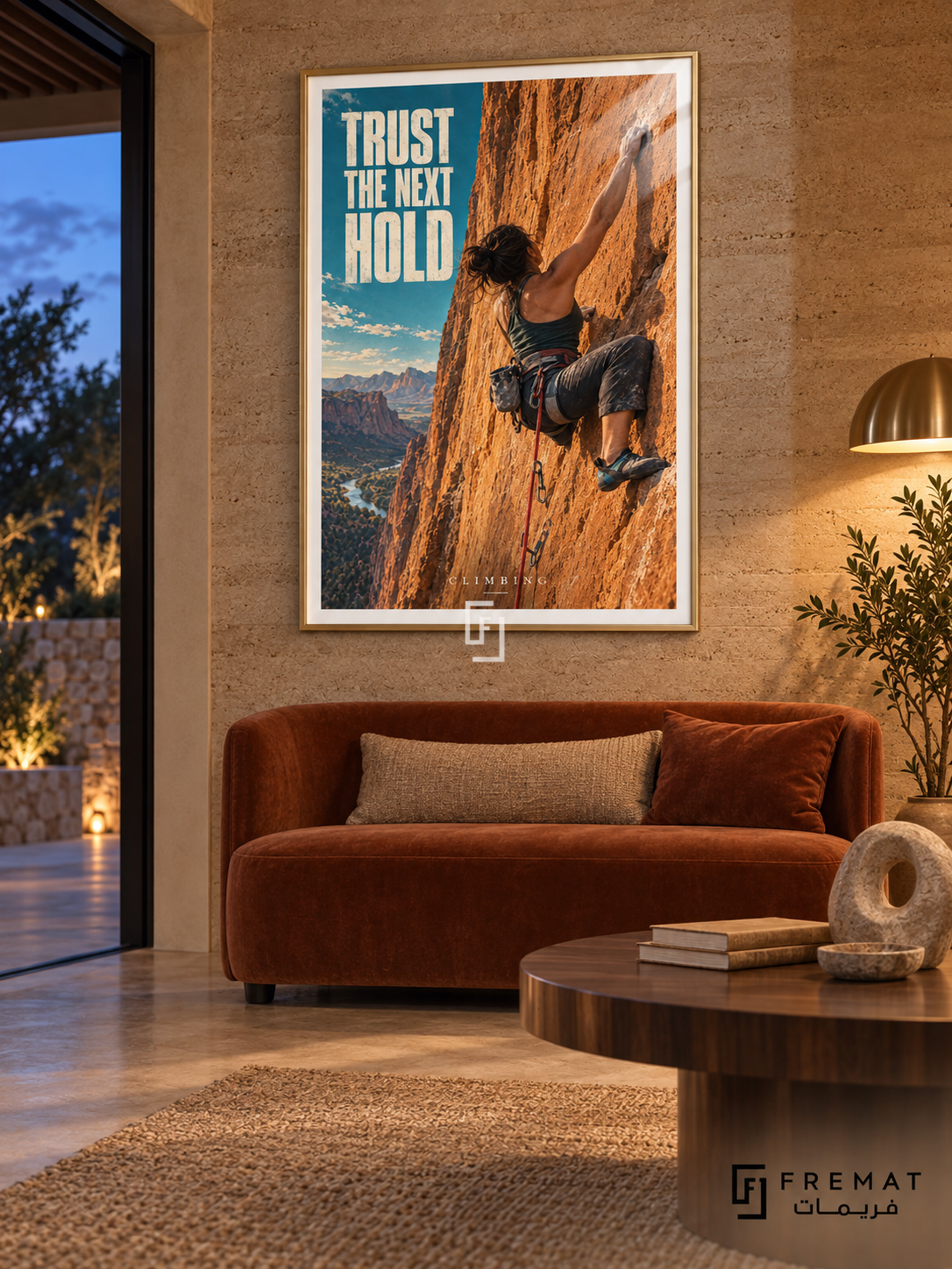Trust The Next Hold: A climber reaches across an orange rock face, with a red rope and a narrow turquoise sky accent. Gold frame with a white printed border, displayed in a styled room.