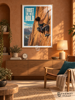 Trust The Next Hold: A climber reaches across an orange rock face, with a red rope and a narrow turquoise sky accent. Wooden Texture frame with a white printed border, displayed in a styled room.