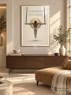 Strength In Stillness: A gymnast holds a rings pose against warm ivory space, a soft charcoal shadow and a subtle gold disc. Gold frame with a white printed border, displayed in a styled room.
