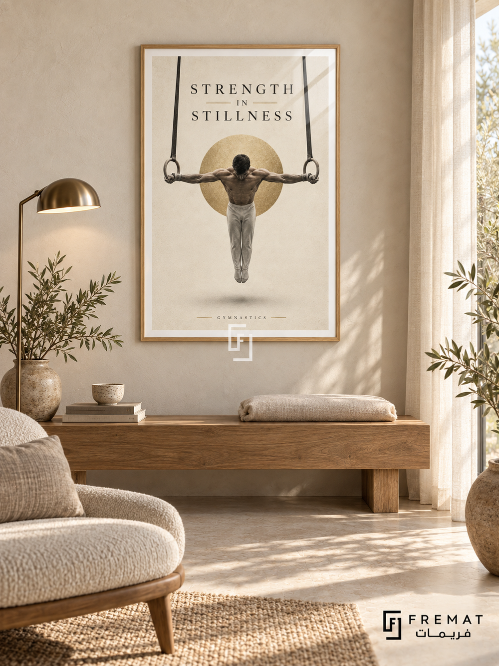 Strength In Stillness: A gymnast holds a rings pose against warm ivory space, a soft charcoal shadow and a subtle gold disc. Wooden Texture frame with a white printed border, displayed in a styled room.