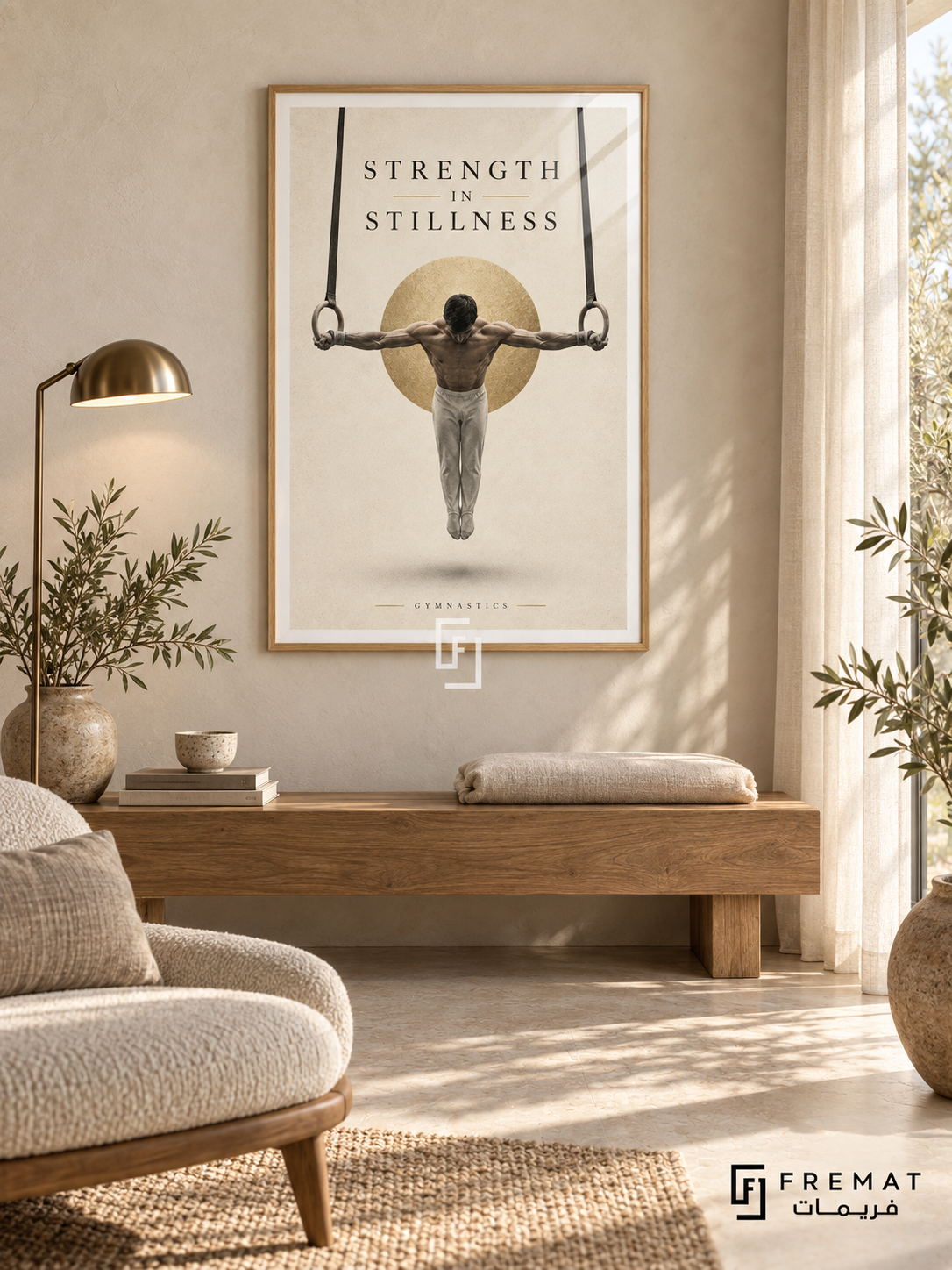 Strength In Stillness: A gymnast holds a rings pose against warm ivory space, a soft charcoal shadow and a subtle gold disc. Wooden Texture frame with a white printed border, displayed in a styled room.