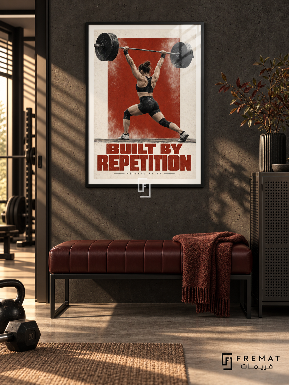 Built By Repetition: A weightlifter raises a barbell overhead against brick-red and off-white graphics with chalk-like texture. Black frame with a white printed border, displayed in a styled room.