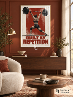 Built By Repetition: A weightlifter raises a barbell overhead against brick-red and off-white graphics with chalk-like texture. Gold frame with a white printed border, displayed in a styled room.