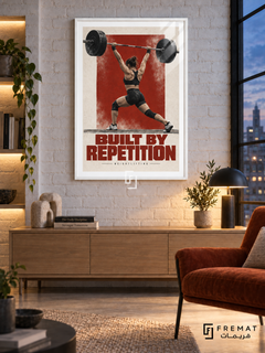 Built By Repetition: A weightlifter raises a barbell overhead against brick-red and off-white graphics with chalk-like texture. White frame with a white printed border, displayed in a styled room.