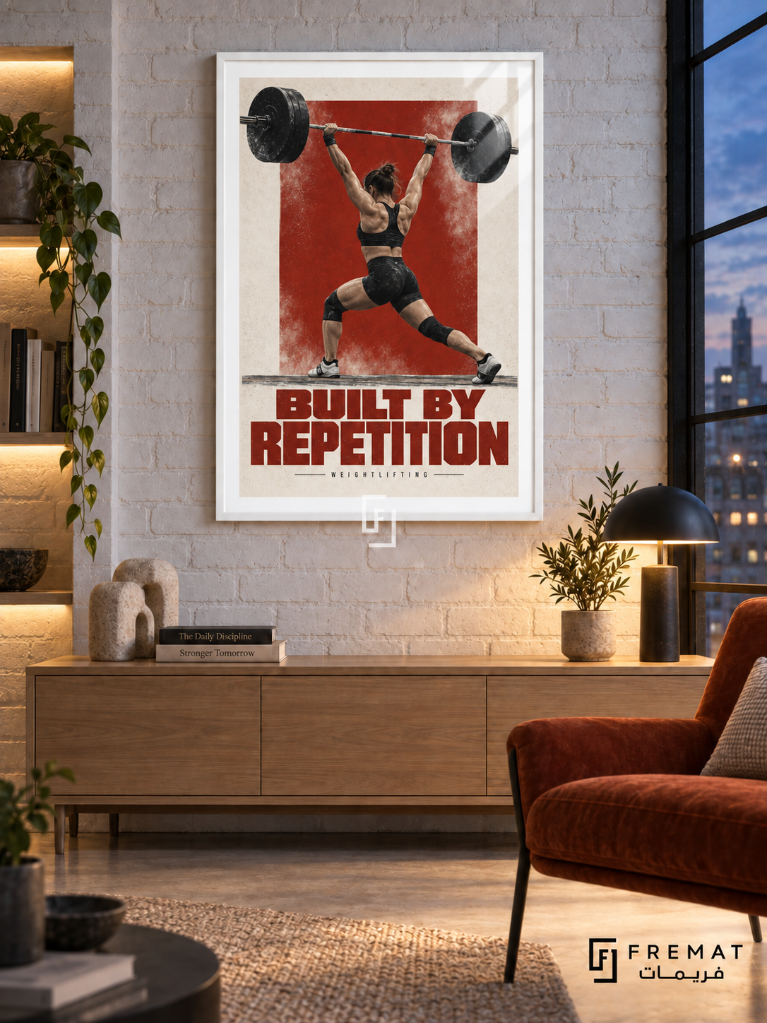 Built By Repetition: A weightlifter raises a barbell overhead against brick-red and off-white graphics with chalk-like texture. White frame with a white printed border, displayed in a styled room.