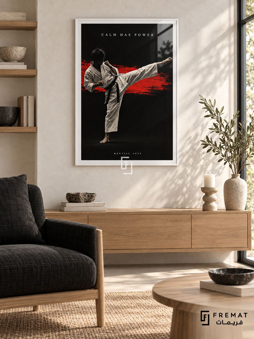 Calm Has Power: A martial artist in a white uniform extends a kick across black space and a restrained red brushstroke. White frame with a white printed border, displayed in a styled room.