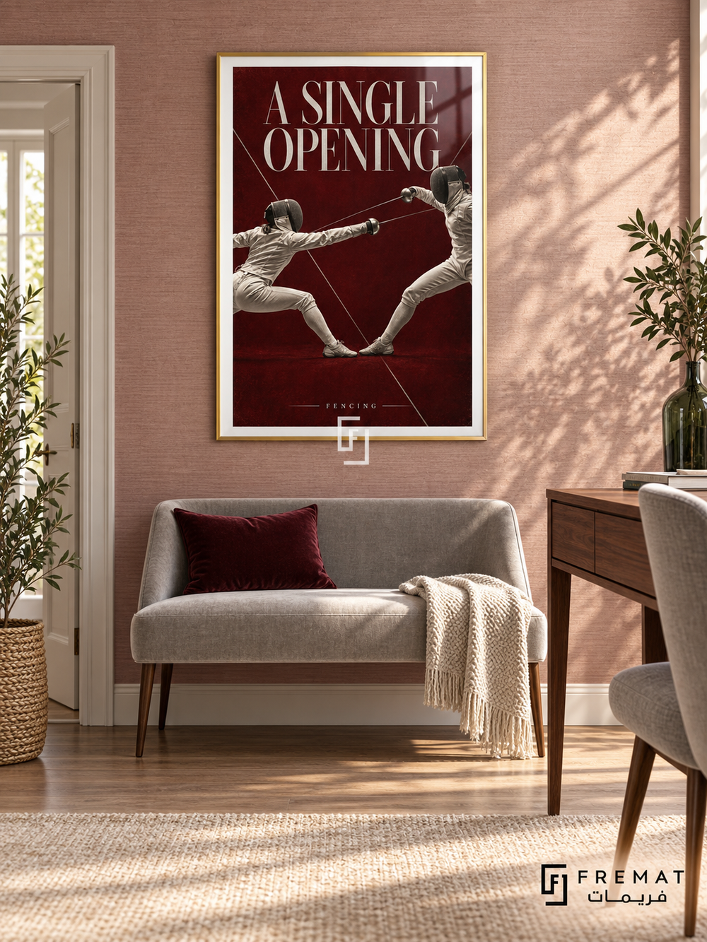 A Single Opening: Two masked fencers exchange extended blades against burgundy, white and silver editorial graphics. Gold frame with a white printed border, displayed in a styled room.