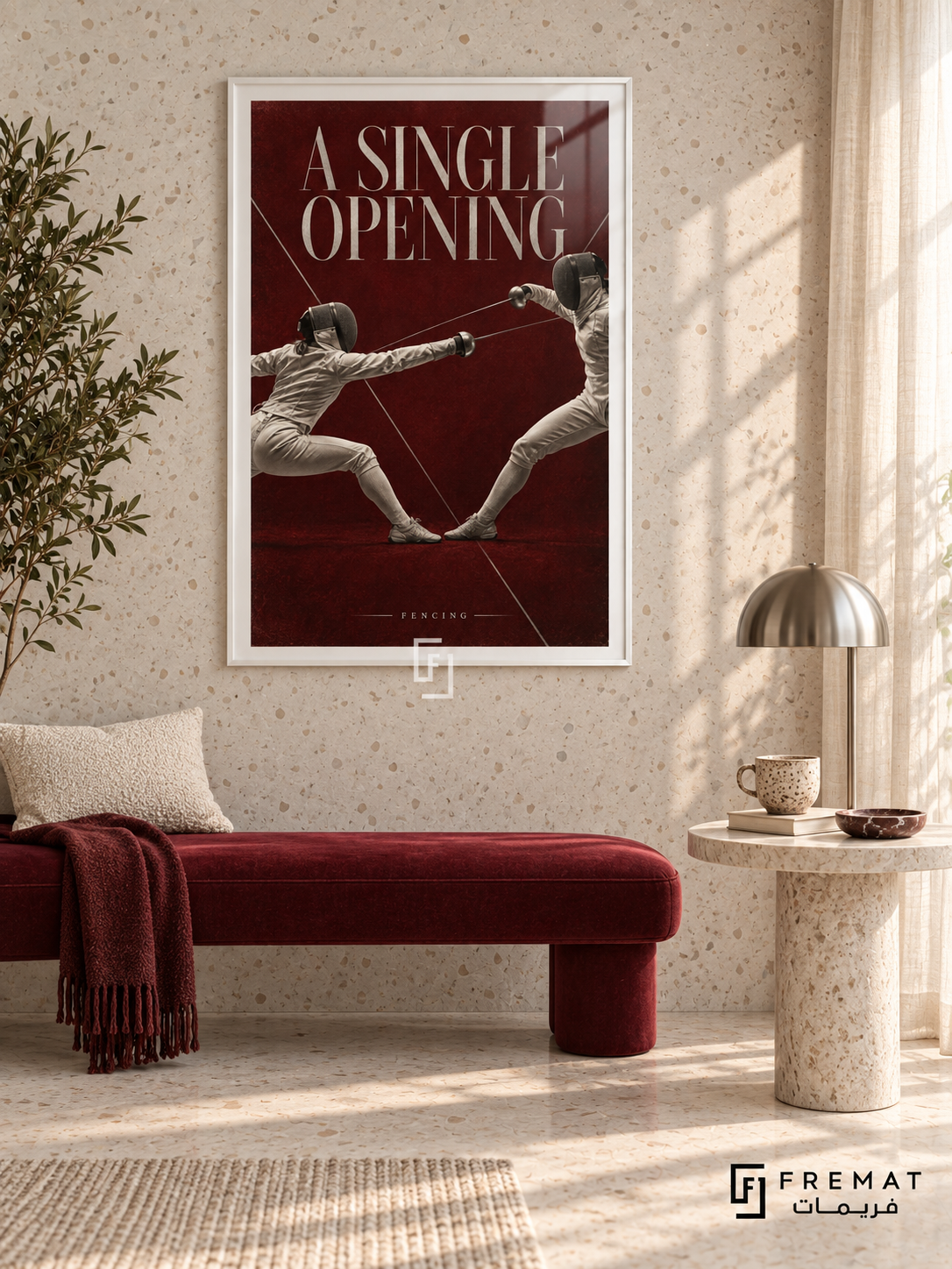 A Single Opening: Two masked fencers exchange extended blades against burgundy, white and silver editorial graphics. White frame with a white printed border, displayed in a styled room.