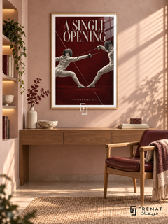 A Single Opening: Two masked fencers exchange extended blades against burgundy, white and silver editorial graphics. Wooden Texture frame with a white printed border, displayed in a styled room.