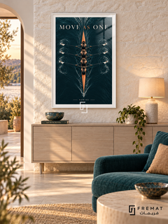 Move As One: An overhead rowing shell crosses dark petrol-colored water, surrounded by fine ripples and synchronized oars. White frame with a white printed border, displayed in a styled room.