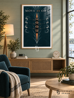 Move As One: An overhead rowing shell crosses dark petrol-colored water, surrounded by fine ripples and synchronized oars. Wooden Texture frame with a white printed border, displayed in a styled room.