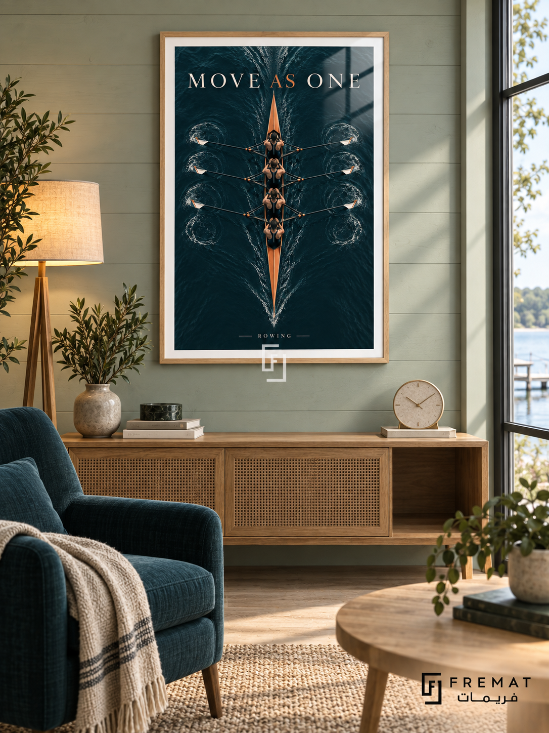Move As One: An overhead rowing shell crosses dark petrol-colored water, surrounded by fine ripples and synchronized oars. Wooden Texture frame with a white printed border, displayed in a styled room.