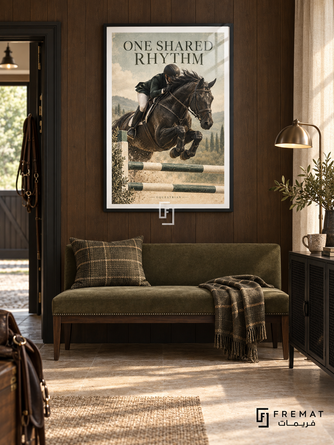 One Shared Rhythm: A rider and dark horse clear a jumping rail against a spacious sand and sage background with vintage print texture. Black frame with a white printed border, displayed in a styled room.