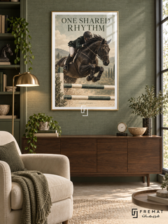 One Shared Rhythm: A rider and dark horse clear a jumping rail against a spacious sand and sage background with vintage print texture. Gold frame with a white printed border, displayed in a styled room.