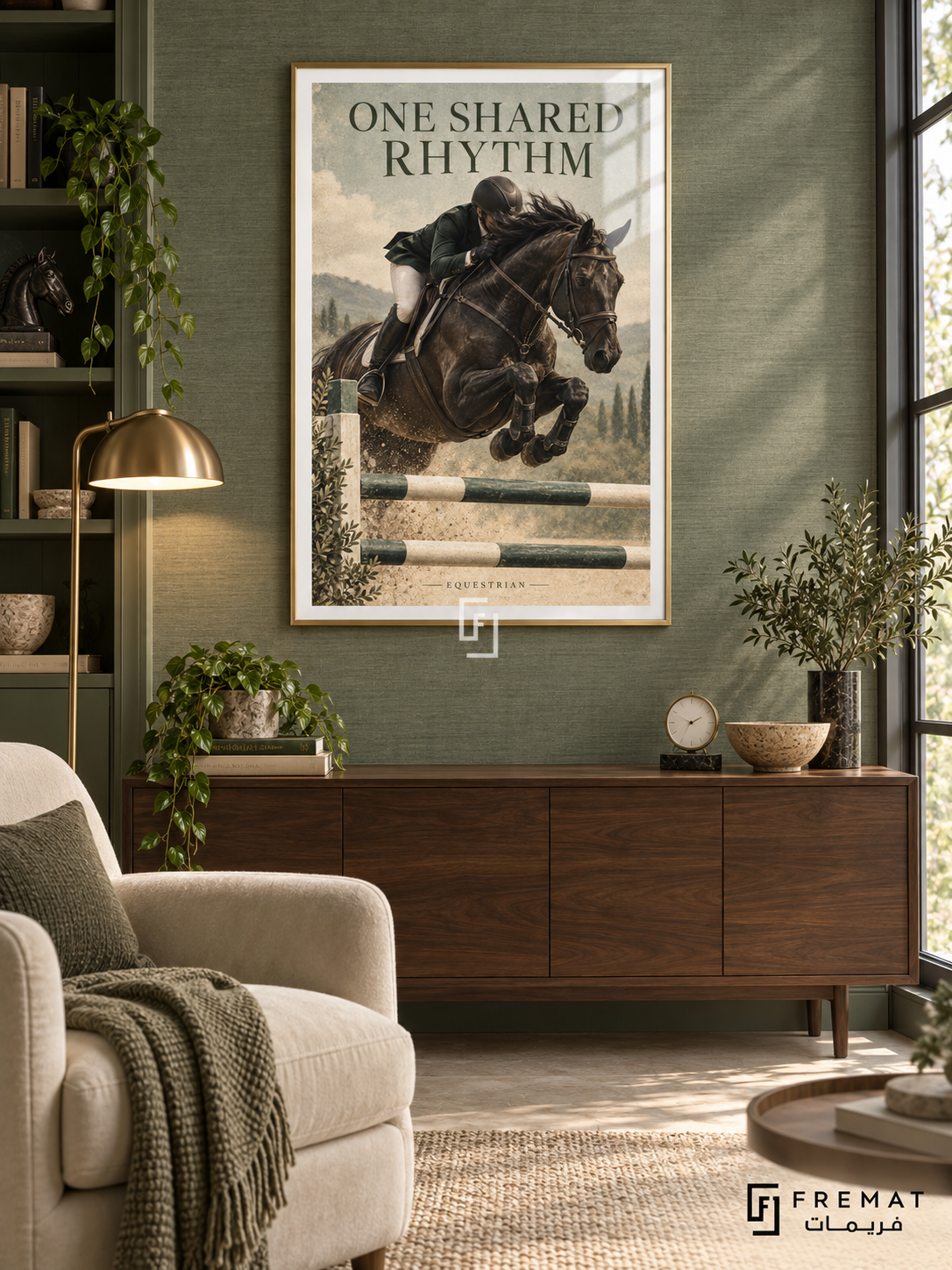 One Shared Rhythm: A rider and dark horse clear a jumping rail against a spacious sand and sage background with vintage print texture. Gold frame with a white printed border, displayed in a styled room.