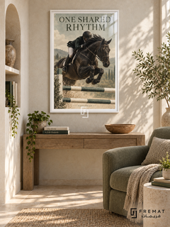 One Shared Rhythm: A rider and dark horse clear a jumping rail against a spacious sand and sage background with vintage print texture. White frame with a white printed border, displayed in a styled room.