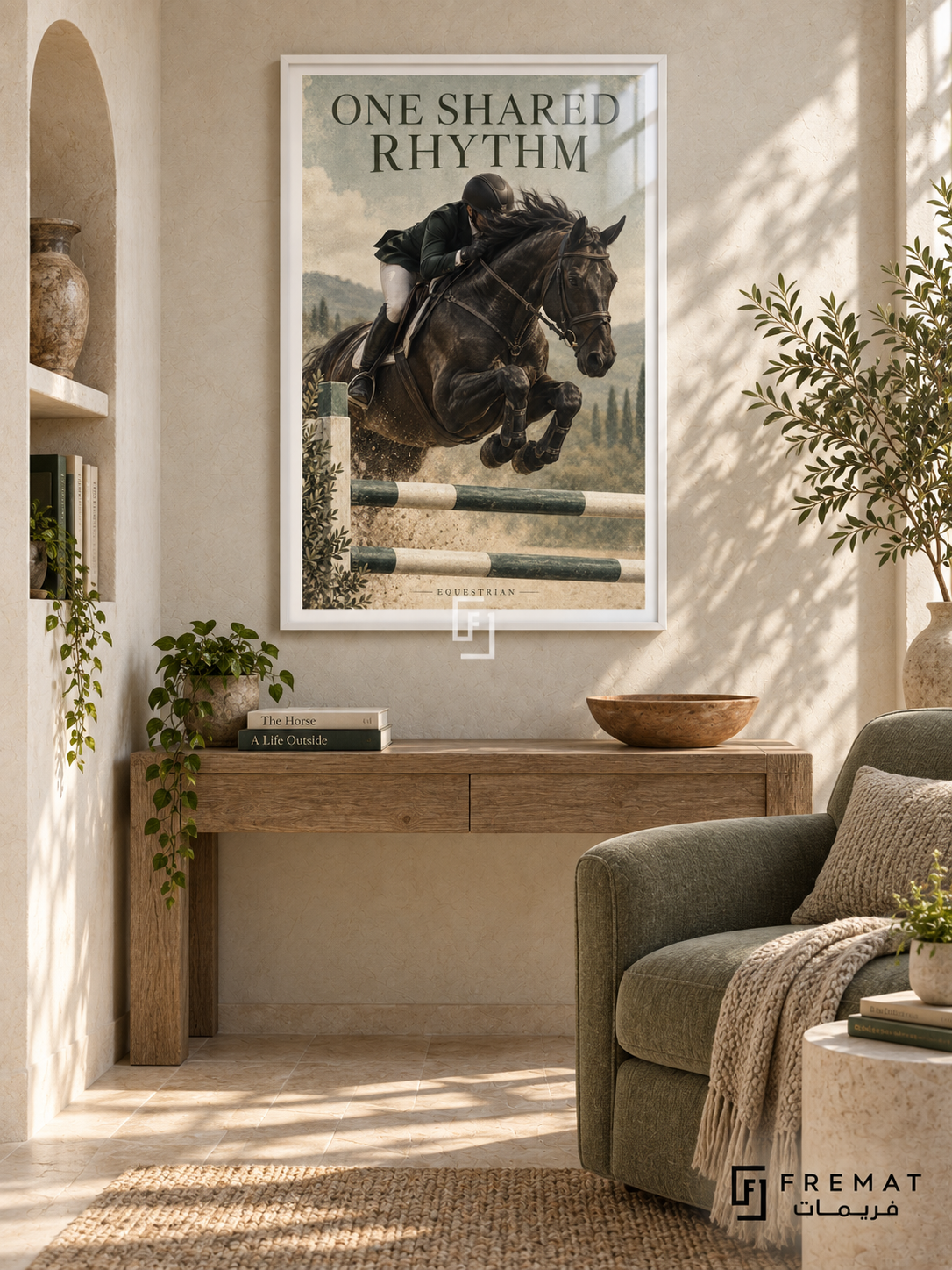 One Shared Rhythm: A rider and dark horse clear a jumping rail against a spacious sand and sage background with vintage print texture. White frame with a white printed border, displayed in a styled room.