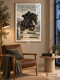 One Shared Rhythm: A rider and dark horse clear a jumping rail against a spacious sand and sage background with vintage print texture. Wooden Texture frame with a white printed border, displayed in a styled room.