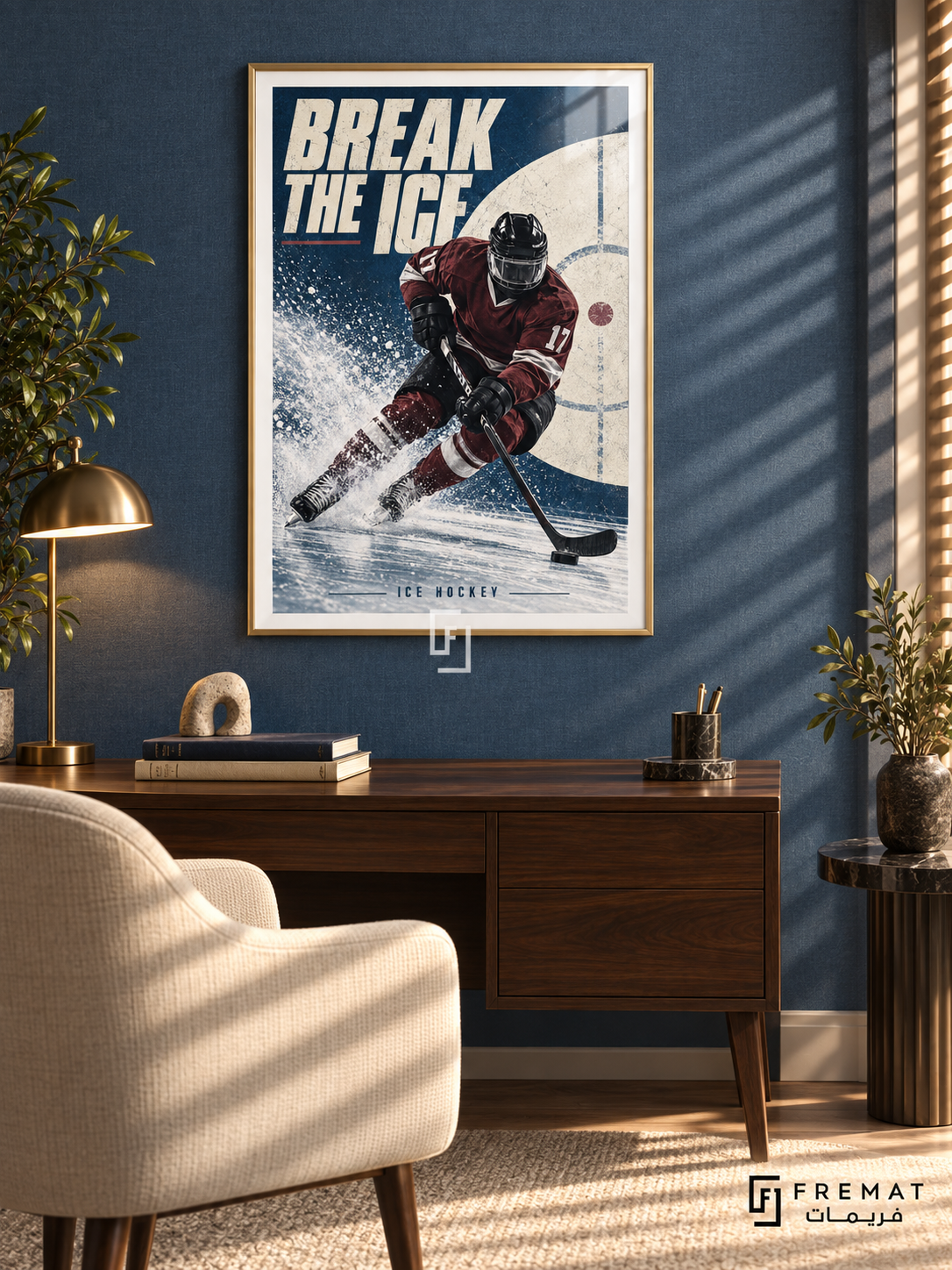 Break The Ice: A helmeted ice-hockey player in maroon drives a stick toward a puck through ice spray and navy-and-cream graphics. Gold frame with a white printed border, displayed in a styled room.