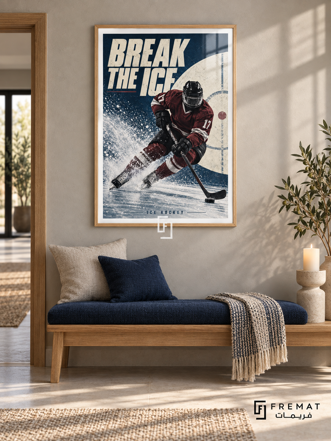 Break The Ice: A helmeted ice-hockey player in maroon drives a stick toward a puck through ice spray and navy-and-cream graphics. Wooden Texture frame with a white printed border, displayed in a styled room.