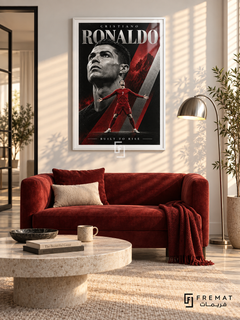 Cristiano Ronaldo: Cristiano Ronaldo appears in a monochrome portrait above a smaller red number-7 figure with outstretched arms, amid crimson and silver diagonals. White frame with a white printed border, displayed in a styled room.