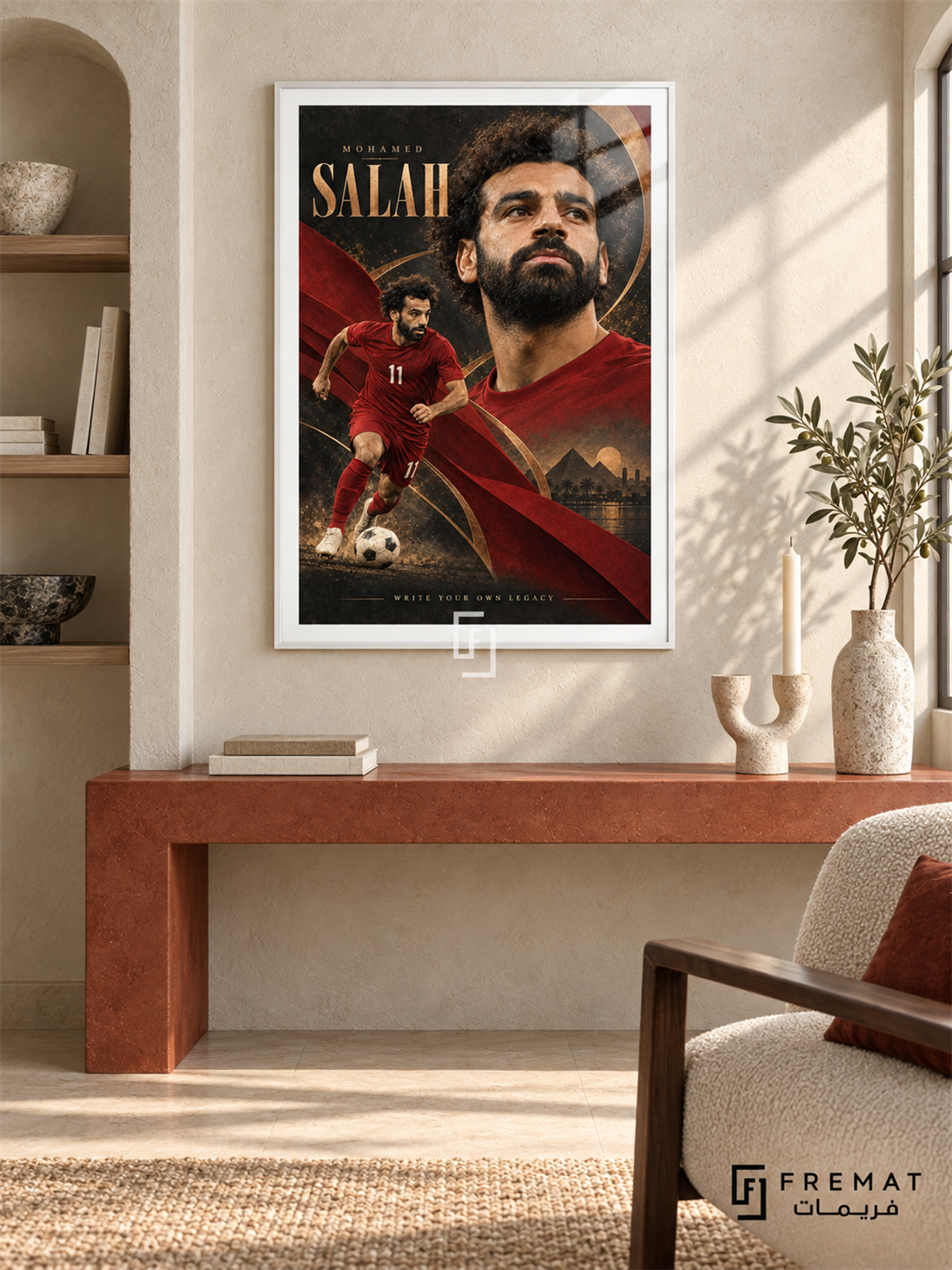 Mohamed Salah: Mohamed Salah appears in a warm portrait beside a smaller red number-11 football figure, with copper arcs and charcoal-and-gold textures. White frame with a white printed border, displayed in a styled room.
