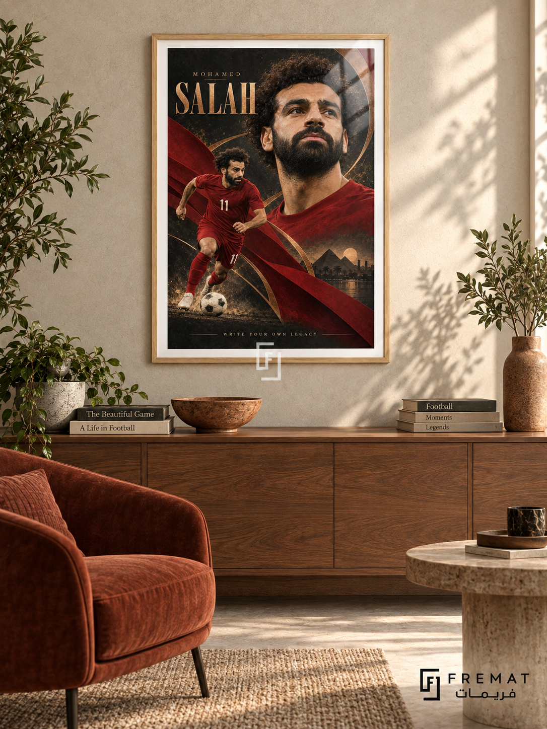 Mohamed Salah: Mohamed Salah appears in a warm portrait beside a smaller red number-11 football figure, with copper arcs and charcoal-and-gold textures. Wooden Texture frame with a white printed border, displayed in a styled room.