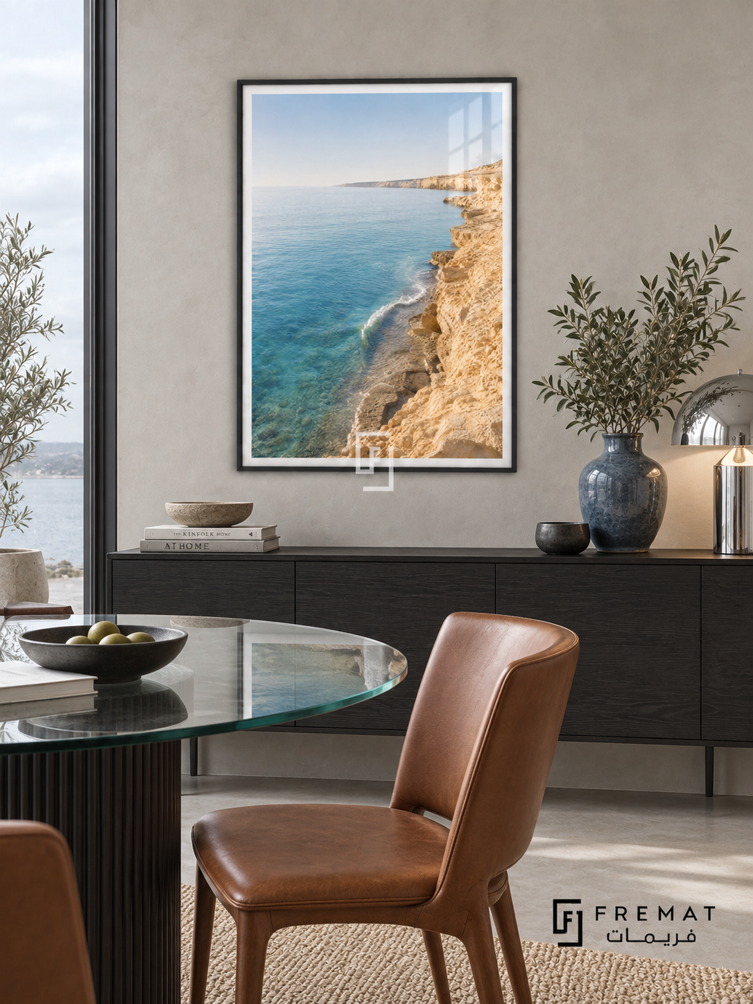 Coastline tra01 framed wall art in a slim matte black PVC frame, displayed in a furnished creative interior.