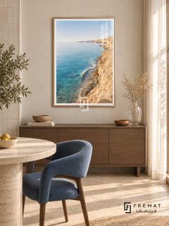 Coastline tra01 wall art in a champagne gold PVC frame, with a flat white border in its furnished interior.