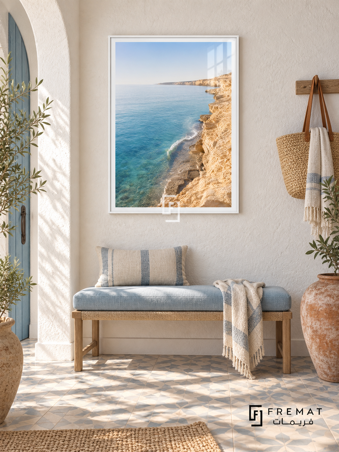 Coastline tra01 wall art in a satin white PVC frame, with a flat white border in its furnished interior.