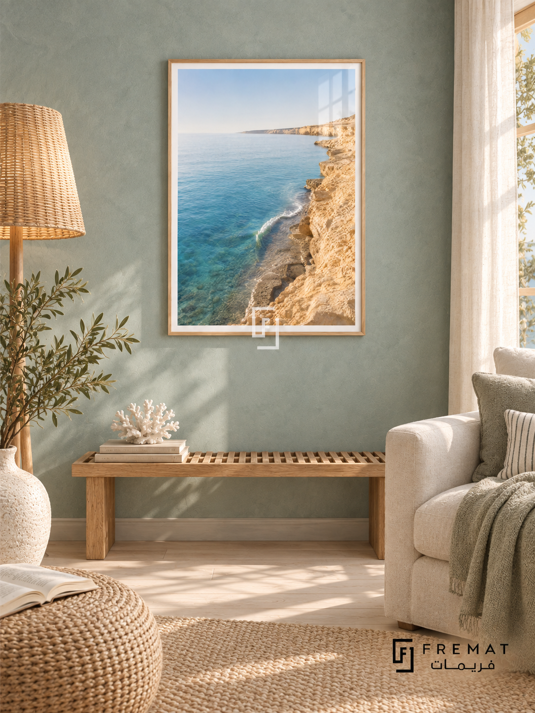 Coastline tra01 wall art in a light wood-grain PVC frame, with a flat white border in its furnished interior.
